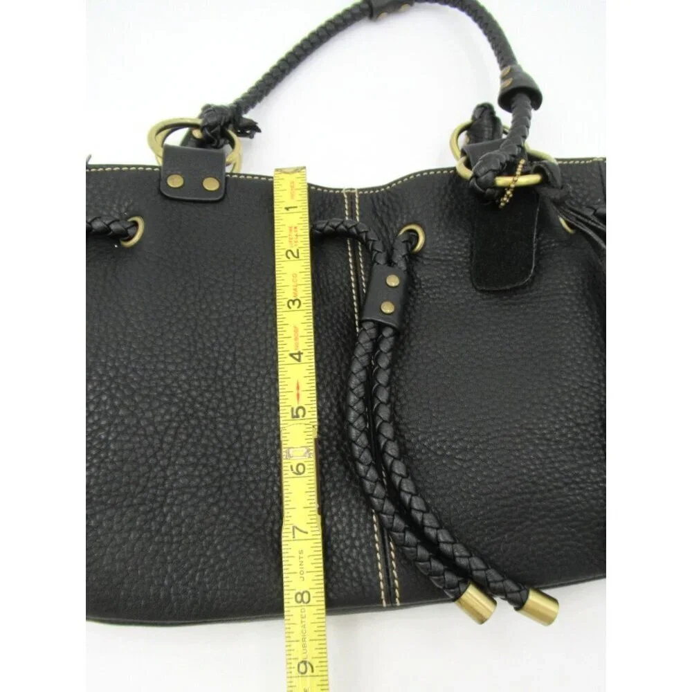 Chaps Black Pebble Leather Shoulder Bag Purse Braided Strap Drawstring Classic